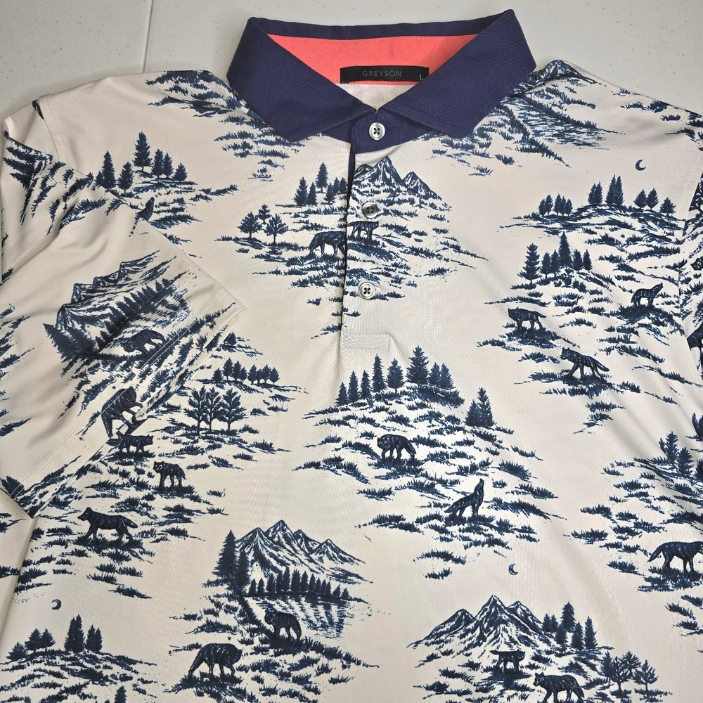 GREYSON Men's Large Wolves Woods Limited Print Short Sleeve Polo Shirt -1286